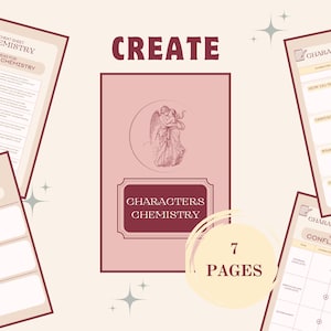 Op de afbeelding: Een printbare PDF-gids voor schrijvers, getiteld "Characters Chemistry", met een roze omslag met een vintage illustratie van twee engelen. De gids bevat 7 pagina's met werkbladen en trackers om schrijvers te helpen bij het ontwikkelen van karakterrelaties en -groei.