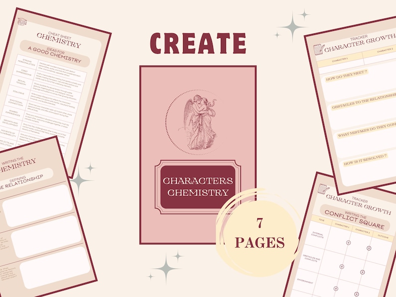 Op de afbeelding: Een printbare PDF-gids voor schrijvers, getiteld "Characters Chemistry", met een roze omslag met een vintage illustratie van twee engelen. De gids bevat 7 pagina's met werkbladen en trackers om schrijvers te helpen bij het ontwikkelen van karakterrelaties en -groei.