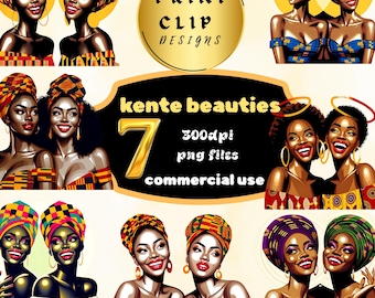 7 Schwesternschaft bestfiend Clipart Bundle: Kente Headwrap und passendes Kleid skalierbare lebendige transparente PNGs lebendige T-Shirt Bündel