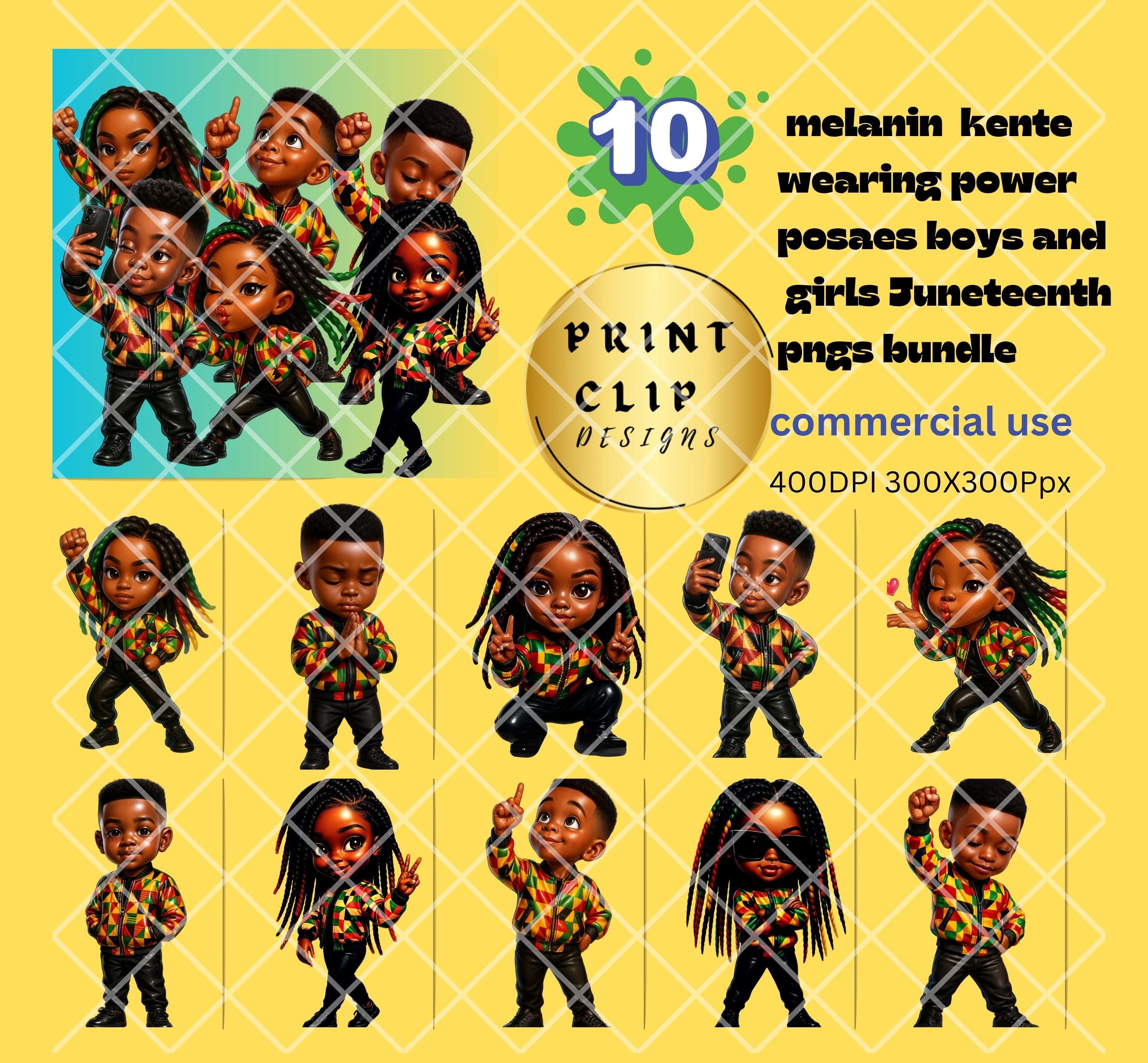Süße schwarze Mädchen und Jungen in Kente-Jacken | Juneteenth Kids Clipart, schwarze Kultur, Kwanzaa, Afro Kids Power Poses | PNG" GESCHENKIDEE