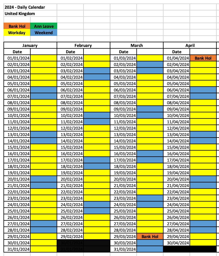 2024 UK Calendar Excel Spreadsheet Annual Leave UK Bank Holidays