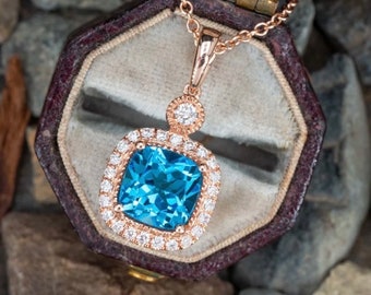 Cushion Cut Swiss Blue Topaz Pendant Necklace 14k Rose Gold