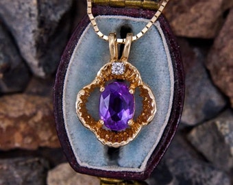 Oval Amethyst Pendant Necklace 14K Yellow Gold