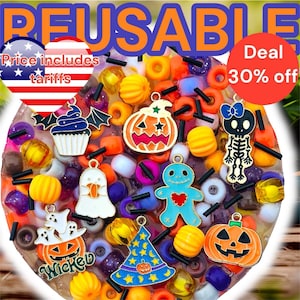 May include: A collection of Halloween-themed metal charms including a cupcake with bat wings, a jack-o'-lantern, a skeleton, a ghost, a gingerbread person, a witch hat, and a pumpkin, mixed with various colorful plastic pony beads.