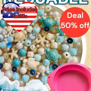 May include: A vibrant image featuring a mix of beads, including turquoise turtles, white starfish, and pearl-like spheres. The word "REUSABLE" is at the top. A pink bowl is in the bottom right corner. A red circle says "Deal 50% off".
