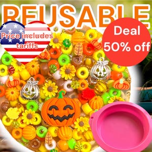 May include: A collection of autumn-themed beads including orange pumpkins, yellow sunflowers, and green rings, accompanied by a bright pink circular silicone mold. The image features text overlays reading REUSABLE, Deal 50% off, and Price includes tariffs.