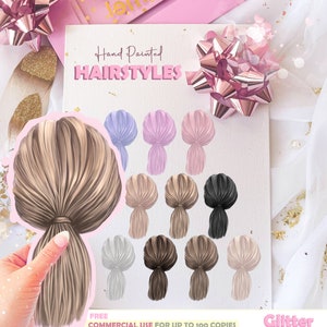 Paardenstaart clipart vrouw schouder lengte kapsel set, lage paardenstaart kapsel handbeschilderd clipart, haar clipart, premium kwaliteit clipart