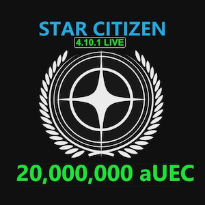 May include: A black graphic design featuring the light blue text STAR CITIZEN, the green text 4.10.1 LIVE, and the green text 20,000,000 aUEC. In the centre is a white circular emblem with a four-pointed star inside a laurel wreath design.