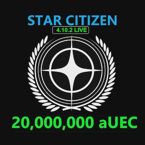 以下が含まれることがあります： 青い文字でSTAR CITIZEN、緑の文字で4.10.2 LIVEと20,000,000 aUECと書かれた黒いグラフィック。中央には、リングの中に四芒星が描かれた白い円形のエンブレムがあり、その周囲を白い月桂冠のデザインが囲んでいる。