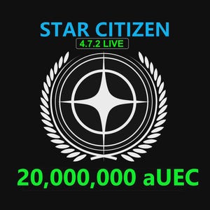 Puede incluir: Gráfico negro con las palabras "STAR CITIZEN" en azul, "4.7.2 LIVE" en verde y "20.000.000 aUEC" en verde. Un emblema blanco con un diseño de estrella está rodeado por una corona de laurel.