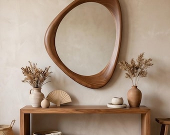 Handmade Walnut Wall Mirror | Mid-Century Modern Asymmetrical Design, Unique Organic Wall Decor