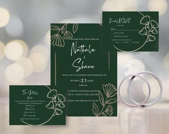 Emerald Green Minimalist Wedding Invitation Template (Digital Download)