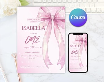 Editable Pink Bow Birthday Invitation | Coquette Pink Bow Birthday Invitation | Ribbon Birthday Invitation Girl birthday