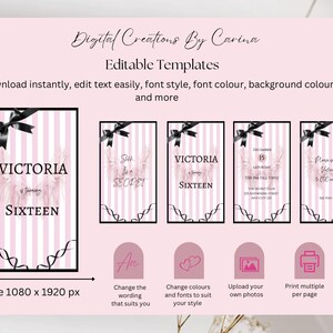 Op de afbeelding: Bewerkbare sjablonen van Digital Creations By Carina. De afbeelding toont een reeks roze en wit gestreepte sjablonen met zwarte accenten. De sjablonen bevatten tekst zoals "VICTORIA SIXTEEN" en "She is a SECRET". De afbeeldingsgrootte is 1080 x 1920 px.