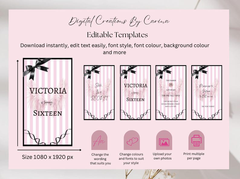 Op de afbeelding: Bewerkbare sjablonen van Digital Creations By Carina. De afbeelding toont een reeks roze en wit gestreepte sjablonen met zwarte accenten. De sjablonen bevatten tekst zoals "VICTORIA SIXTEEN" en "She is a SECRET". De afbeeldingsgrootte is 1080 x 1920 px.