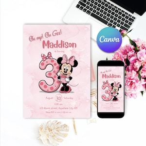 Editable Minnie Mouse 3rd Birthday Invitation: Pink Polka Dots (Digital Download)