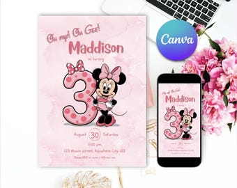 Editable Minnie Mouse 3rd Birthday Invitation | Pink Minnie Mouse Party | Girls 3rd Birthday InvitationInstant Download