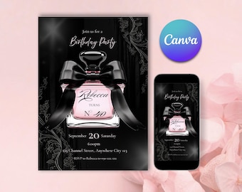 Bewerkbare parfumflesuitnodiging | Glamoureuze uitnodiging voor verjaardagsfeestje | Elegante uitnodiging voor verjaardagsfeestje |  Direct downloaden