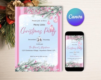 Christmas Party Invitation | Pink Holiday Party Invitation, | Christmas Invitation | Printable Template | Editable Christmas Invitation