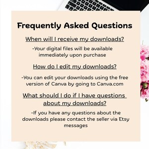 Op de afbeelding: Een digitaal document met de titel "Veelgestelde vragen" in zwarte tekst. Het document beantwoordt vragen over downloads, inclusief hoe ze te bewerken met Canva en waar hulp te krijgen.