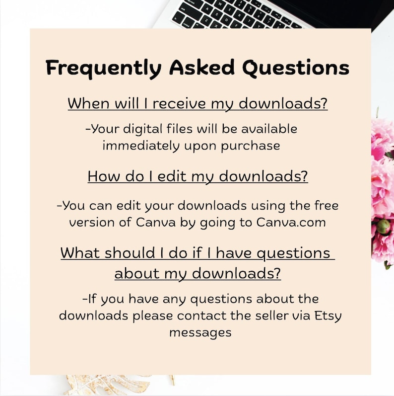 Op de afbeelding: Een digitaal document met de titel "Veelgestelde vragen" in zwarte tekst. Het document beantwoordt vragen over downloads, inclusief hoe ze te bewerken met Canva en waar hulp te krijgen.