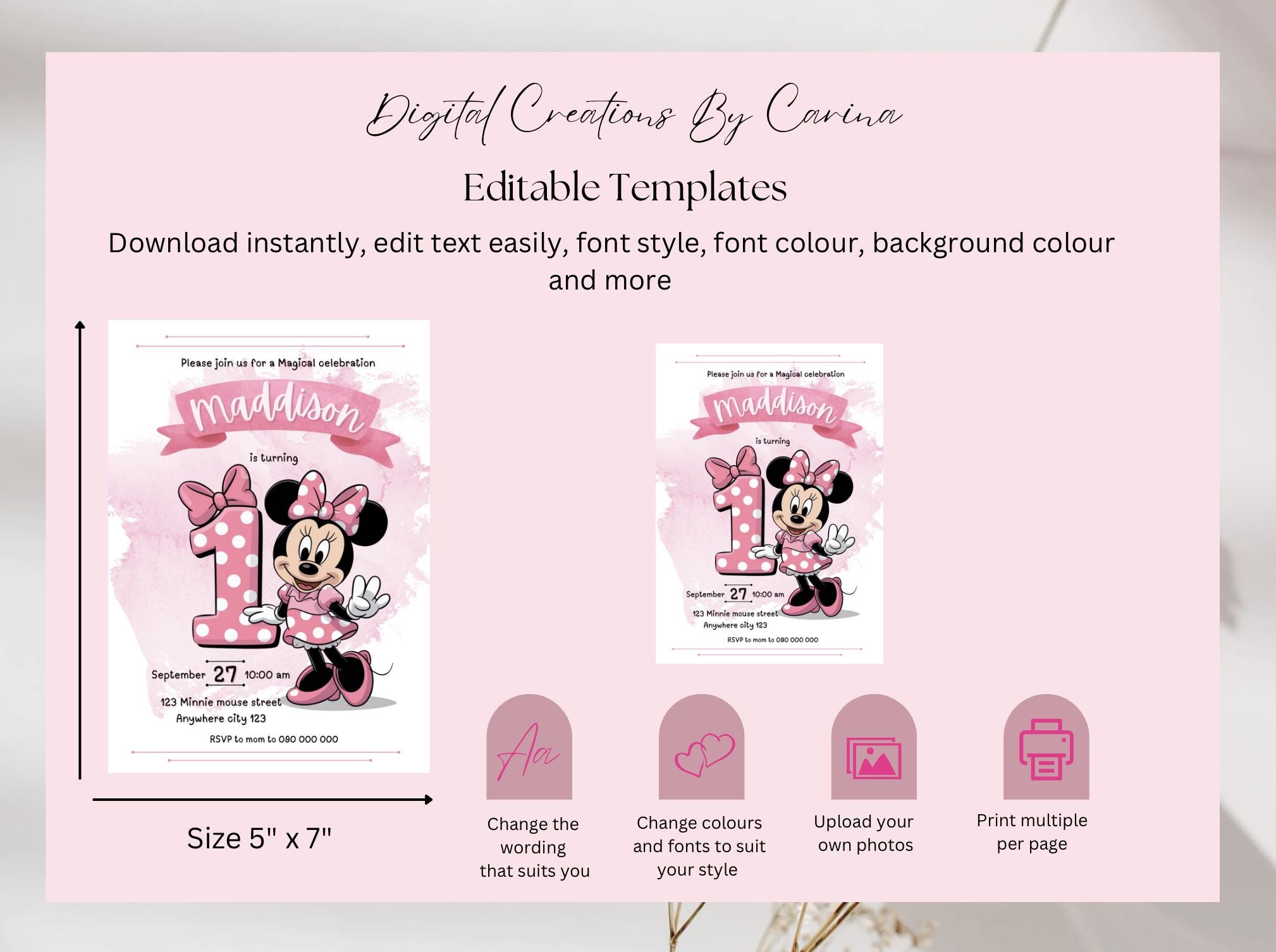 Editable Minnie Mouse 1st Birthday Invitation | Minnie Mouse Pink Polka ...