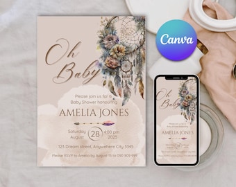 Boho Baby Shower Invitation: Dreamcatcher Floral Girl Invite (Digital Download, Canva Template)