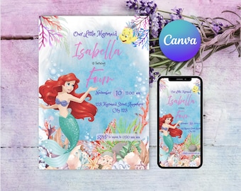 Invito di compleanno modificabile a tema Sirenetta: festa di Ariel, sotto il mare (PDF e JPG)
