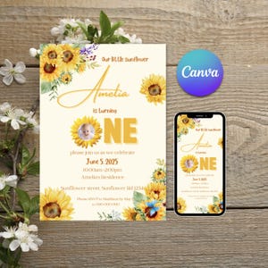 Sunflower Baby Birthday Invitation | Our Little Sunflower is Turning One Invitation | Girl 1st Birthday Invitation | Instant download