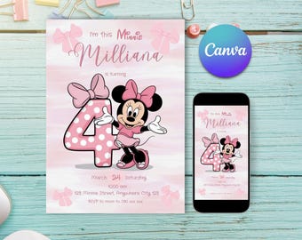 Redigerbar Minnie Mouse 4-årsinbjudan | rosa Minnie Mouse 4-årsinbjudan | 4:e Minnie Mouse-inbjudan direktnedladdning