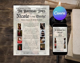 Editable Newspaper Birthday Invitation | Canva Birthday Party Invite Newspaper Template |  Birthday Newspaper Invite Instant Download