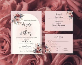 Editable Blush Pink Floral Wedding Invitation Template | Pink Floral Invitation template | Wedding Invitation Instant Download