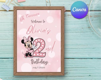 Oh Twoddles Minnie Mouse Welcome Sign | Editable Minnie Mouse Birthday Welcome Sign | Light Pink Polkadot Minnie Party Decor Sign