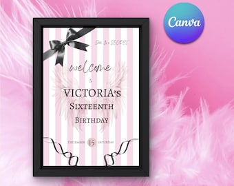 Victoria's Secret-welkomstbord voor verjaardag | Roze strepen, bewerkbare canvassjabloon