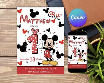 Editable Mickey Mouse 1st Birthday Invitation | Mickey Mouse Printable Party Invite | Boys 1st Birthday Party invitation | Mickey Mouse