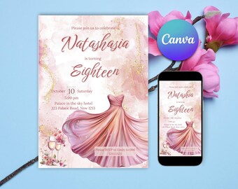 Editable Eighteenth Birthday Invitation | Pink Eighteenth Birthday Invite | 18th Birthday Invite Instant Download