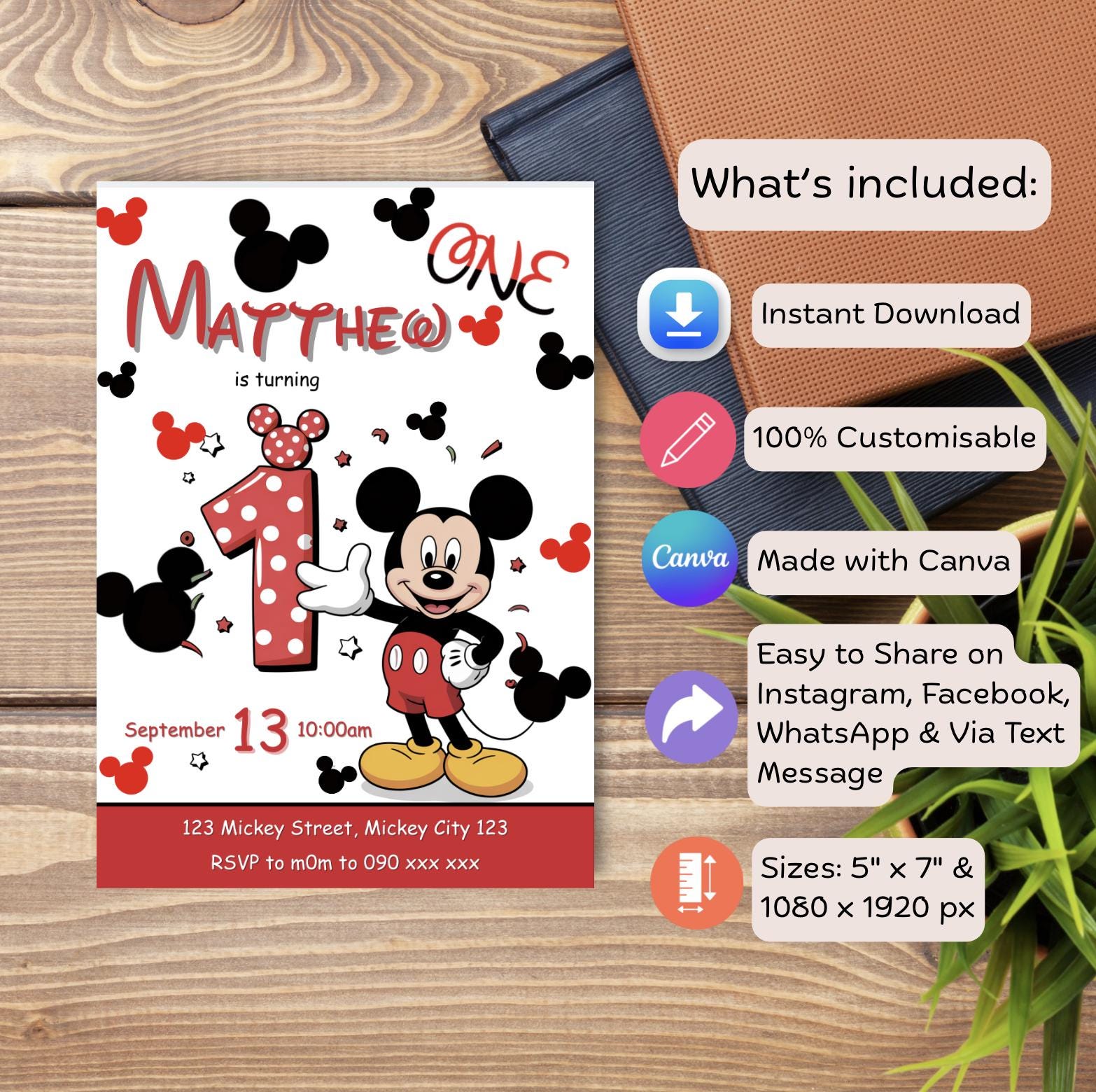 Editable Mickey Mouse 1st Birthday Invitation | Mickey Mouse Printable ...