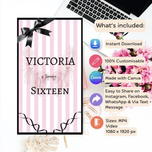 Op de afbeelding: Een digitale uitnodiging met een roze en witte gestreepte achtergrond, zwarte lintaccenten en de tekst "VICTORIA is turning SIXTEEN." Bevat een zwarte strik en een engelenvleugelafbeelding. De uitnodiging is aanpasbaar en gemaakt met Canva.