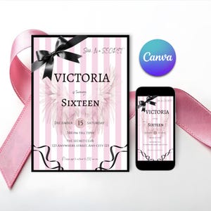 May include: A pink and white striped invitation with the text "VICTORIA is turning SIXTEEN" and event details. A black bow adorns the top left corner. A smartphone displays the same design. A pink ribbon is draped across the image.