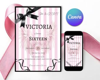 Bewerkbare Victoria's Secret geïnspireerde verjaardagsuitnodiging | Uitnodiging voor feest voor meisjes | Roze strepen-uitnodiging | Victoria's Secret-themafeest