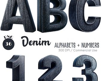 Denim Alphabet und Zahl Clipart, Dekoratives PNG (Digitaler Download)