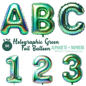 Alphabet ballon vert holographique et nombre Clipart 36 PNG ballon vert alpha Téléchargement numérique alphabet ballon décoratif décoratif