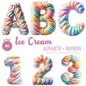 Ice Cream Alphabets and Numbers Clipart 36 PNG Ice Cream alpha Clipart Decorative Letters Alphabet Birthday Ice Cream Font Digital download
