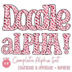 Pink Heart Alpha Doodle Bundle 67 PNG Valentine Doodle Alphabets and Numbers Doodle Font PNG Letters For Sublimation Digital Download