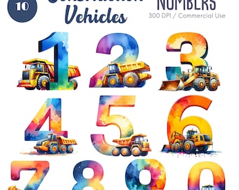Construction Vehicles Numbers Clipart 10 PNG Construction Vehicles PNG Construction Birthday Party Clipart Digger Tractor Digital download