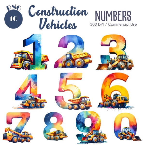 Construction Vehicles Numbers Clipart 10 PNG Construction Vehicles PNG Construction Birthday Party Clipart Digger Tractor Digital download