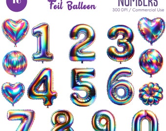 Holographic Rainbow Foil Balloon Numbers Clipart 16 PNG Rainbow Balloon Clipart Foil Number Balloon Clipart Balloon Number Digital download