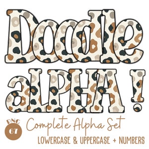 May include: Doodle Alpha! Complete Alpha Set lowercase & uppercase + numbers. A set of alphabet letters and numbers in a leopard print design.