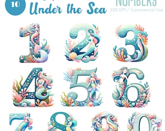 May include: A set of ten whimsical numbers, each featuring a mermaid design. The numbers are in a variety of colors, including blue, pink, and green, with aquatic plants and sea creatures. Text reads "Mermaid Under the Sea" and "NUMBERS".