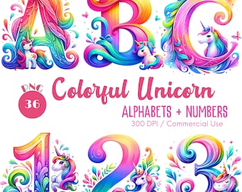Unicorn Alphabet & Numbers Clipart, Decorative Letters (Digital Download)